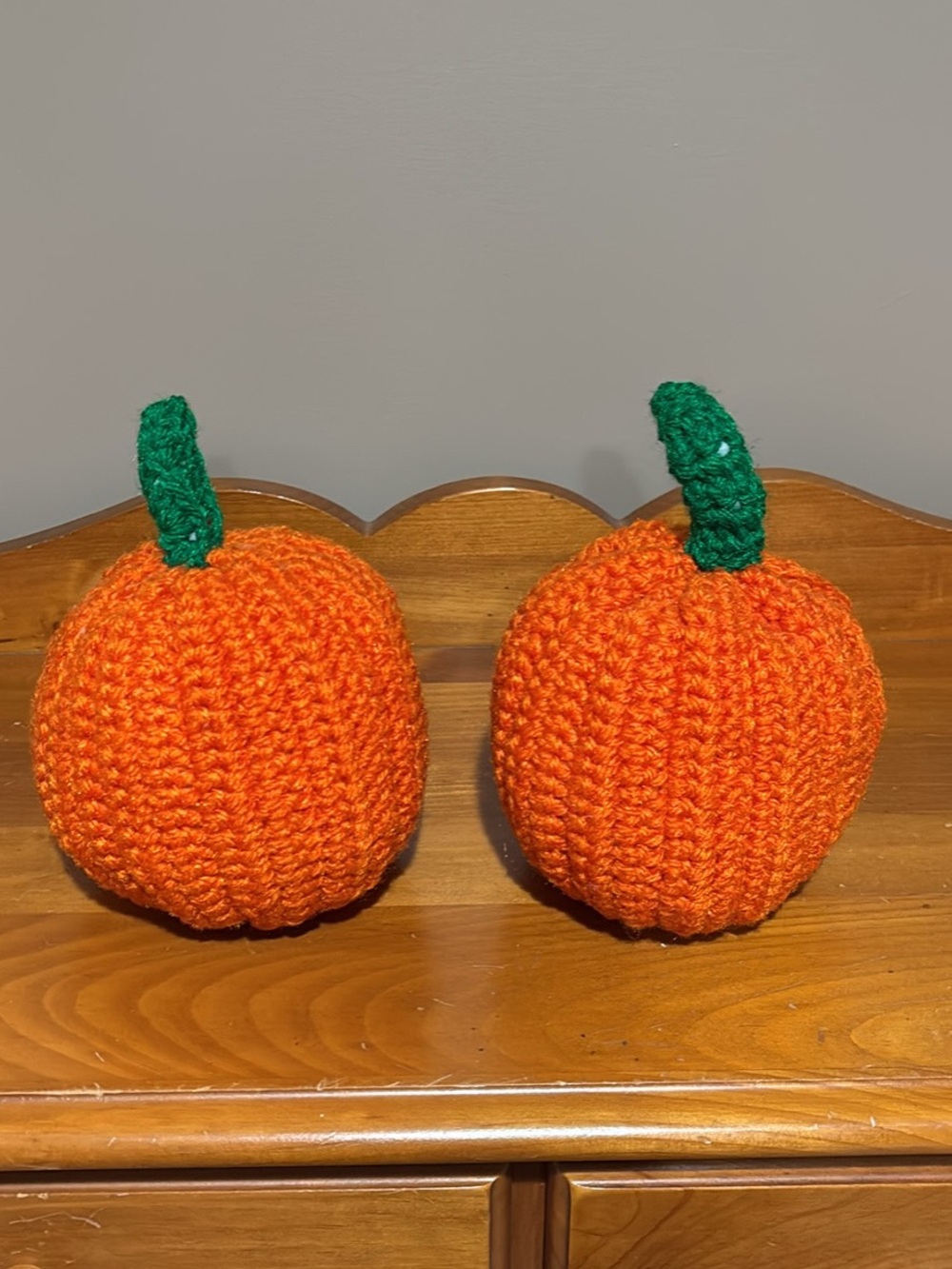 Handmade Crocheted Pumpkin Pair in Bright Orange with Green Stems